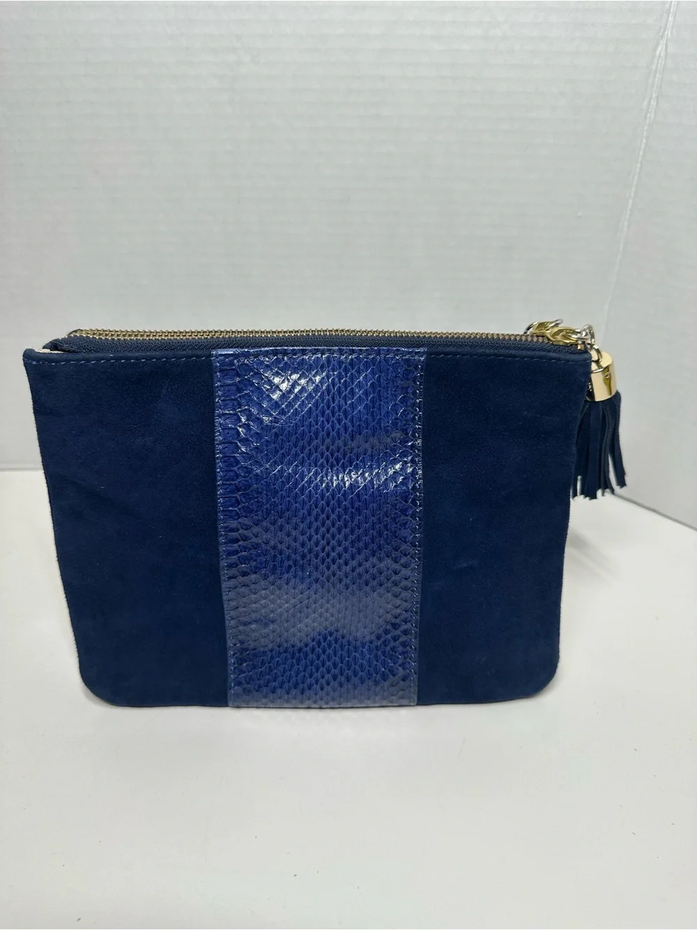 Ann Taylor Navy Suede Cosmetic Pouch with Snake-Embossed Panel